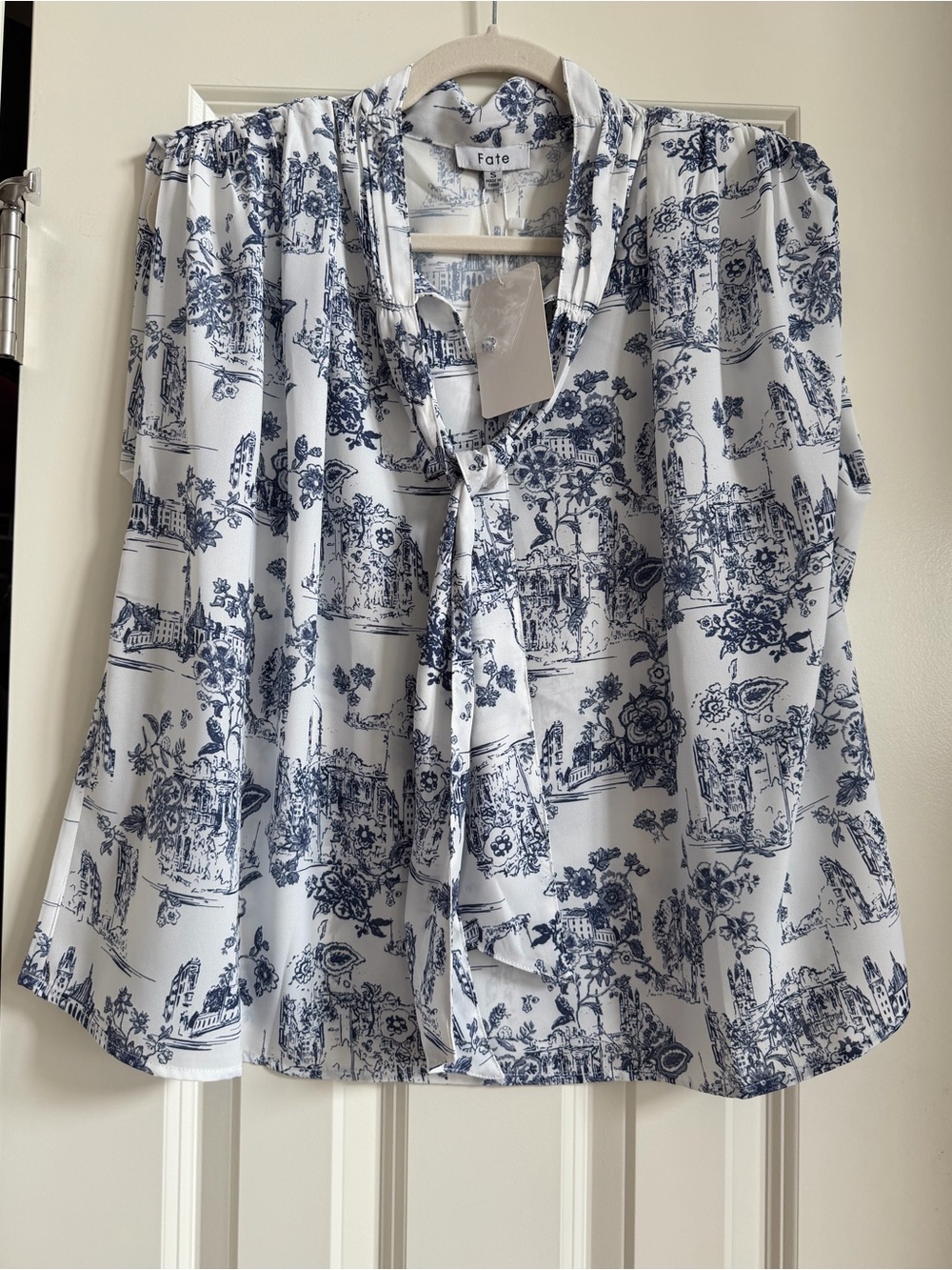 NWT Fate Toile de Jouy Pastoral Tie Neck Blouse Blue Fall Layering European Sz S